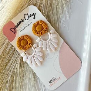 Sunflower Polymer Clay Drop Earrings in Mustard Yellow and Soft White